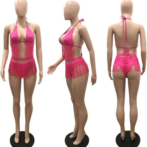 Womens Sexy Tassel 2 Piece Outfits Bikini High Waist Bodycon Bottom Bathing Suit - Picture 4 of 5